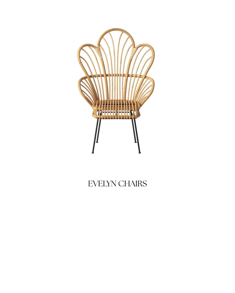 Natural rattan shell-back chair with black metal legs labeled Evelyn Chairs
