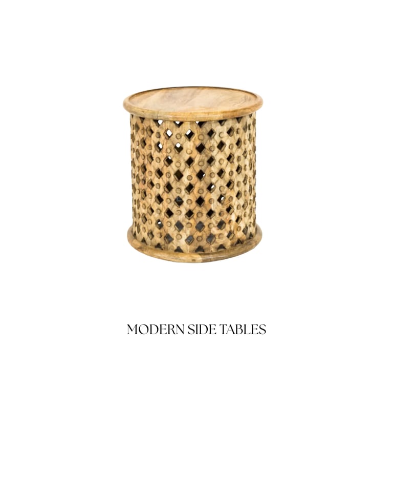 Woven wicker cylindrical side table with perforated pattern and wooden top, labeled Modern Side Tables