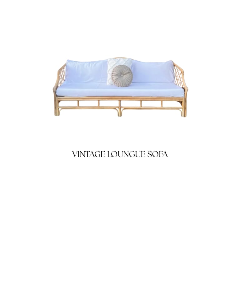 Vintage lounge sofa with rattan frame, light blue cushions, and decorative pillow