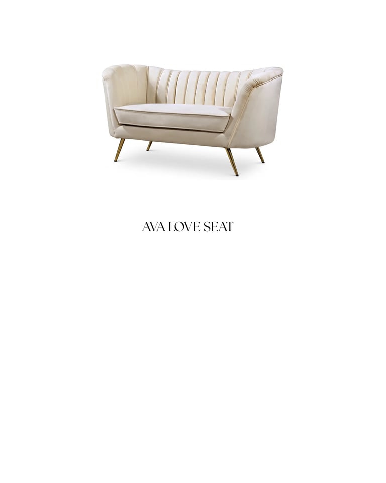 Cream-colored mid-century modern loveseat with vertical stitching, curved backrest, and brass tapered legs labeled Ava Love Seat