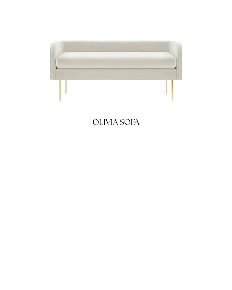 Cream colored Olivia sofa with curved back and brass legs on white background