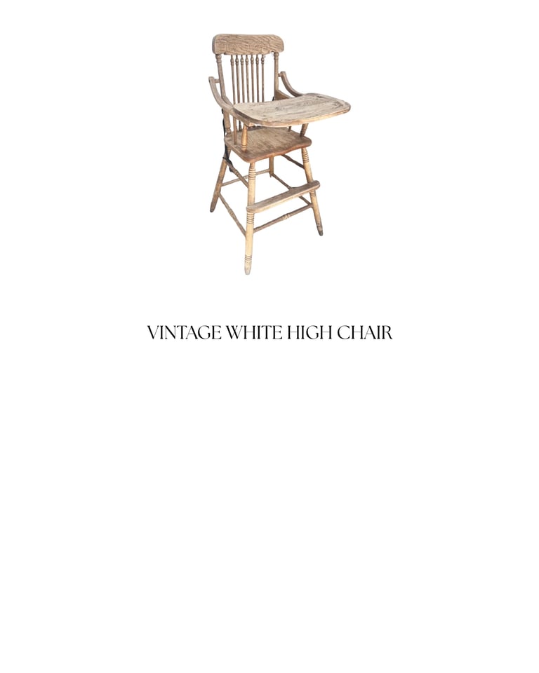 Vintage whitewashed wooden high chair with vertical spindle back and attached tray