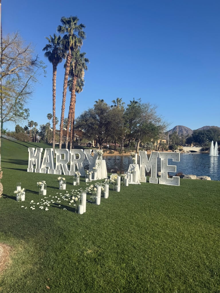 Large white MARRY ME sign on green lawn beside a lake with palm trees and mountains in background
