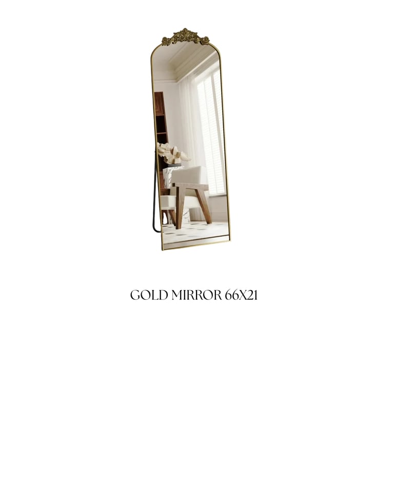 Tall gold-framed floor mirror with ornate arch top, measuring 66x21 inches, reflecting a bedroom interior