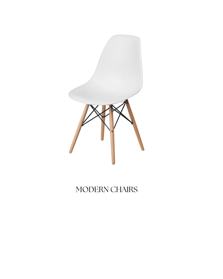 White modern chair with wooden legs and black metal cross-bracing support structure