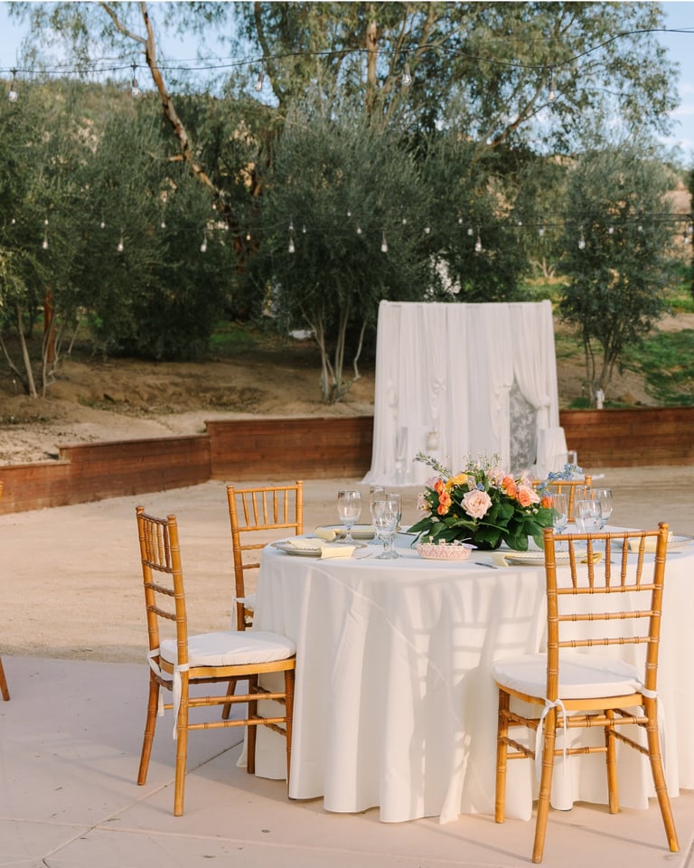 Outdoor wedding ceremony setup with white draped table, wooden chairs, floral centerpiece, and white backdrop surrounded by olive trees
