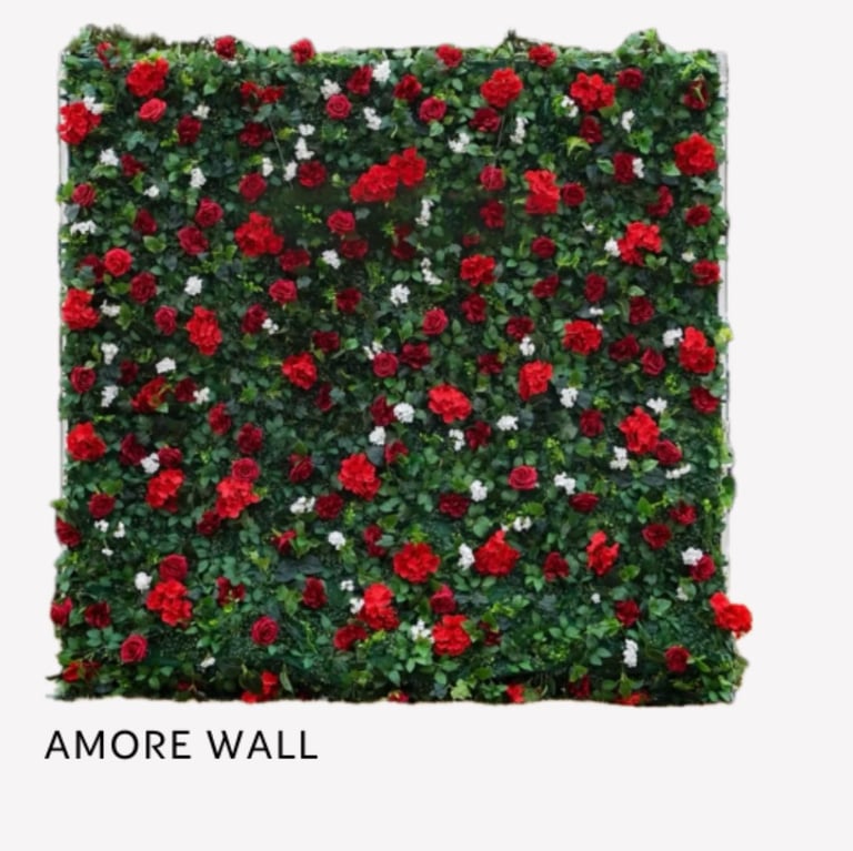 Amore Wall - dense green artificial plant panel with red roses and white flowers
