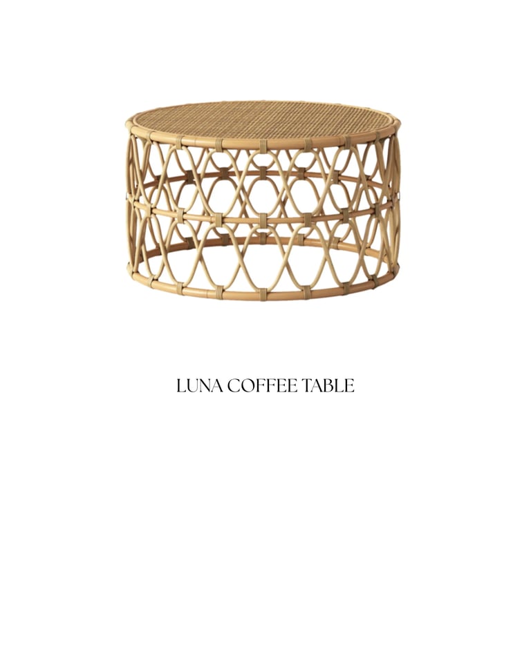 Luna coffee table with woven rattan cylindrical base and round top on white background