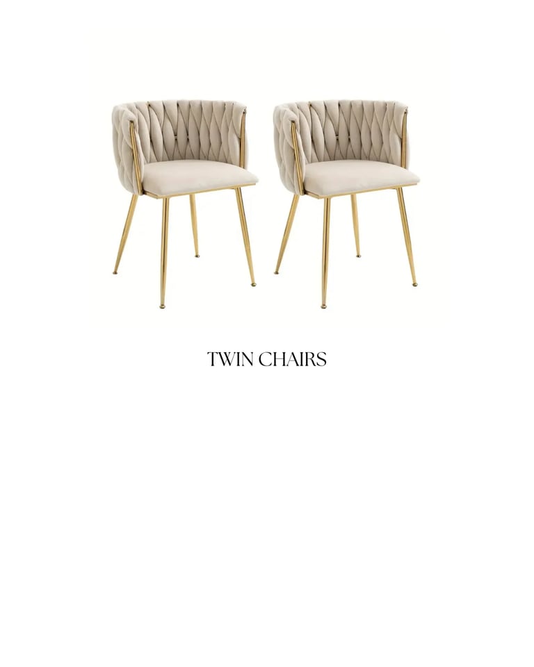 Pair of modern beige dining chairs with pleated fabric backrest and gold metal legs