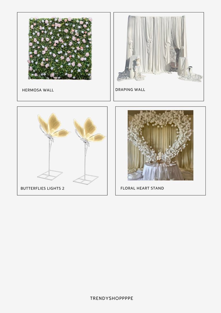 Grid of four wedding decor items: hermosa wall with white flowers, draping wall with fabric, butterflies lights 2 with gold accents, and floral heart stand arrangement