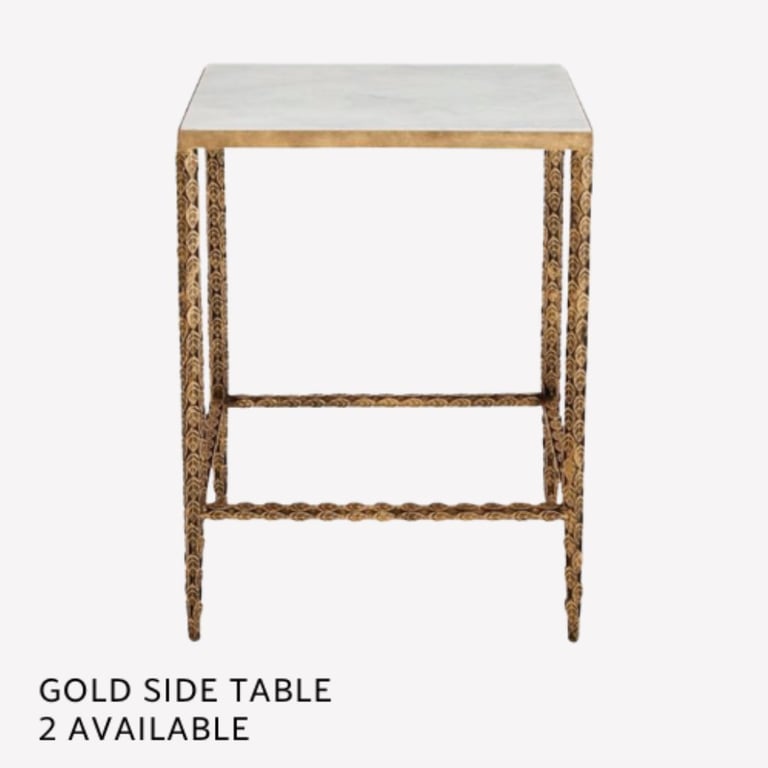 Gold side table with white marble top and two open shelves, 2 available