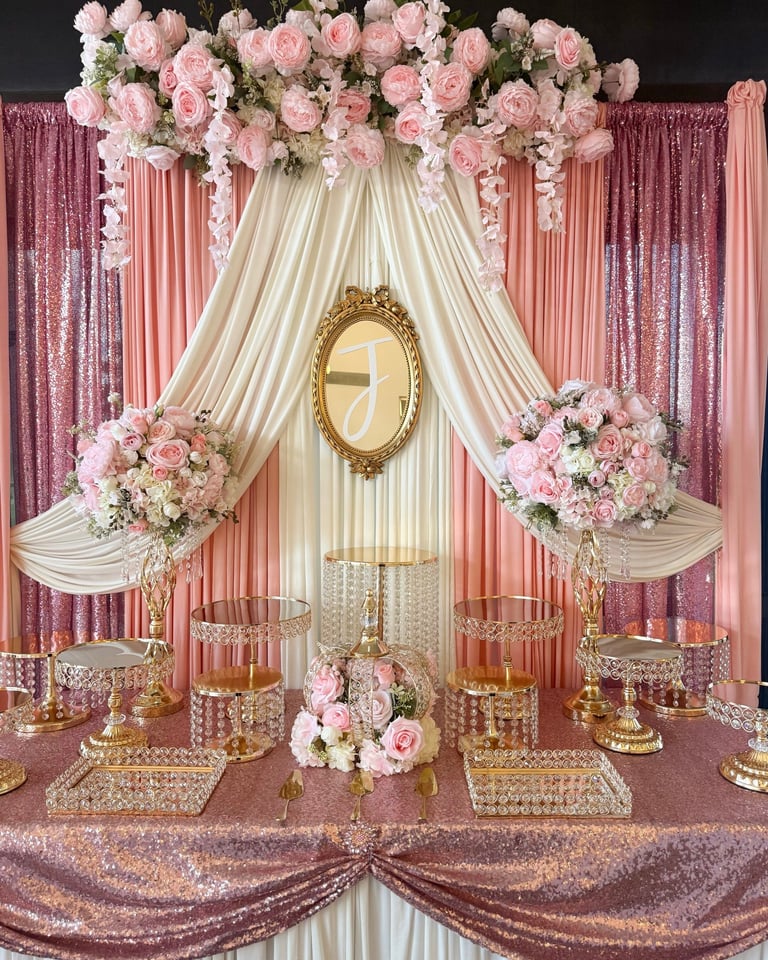 Elegant wedding backdrop with pink and white flowers, cream draped fabric, gold-framed mirror, sequin curtains, and floral arrangements on a decorative table.