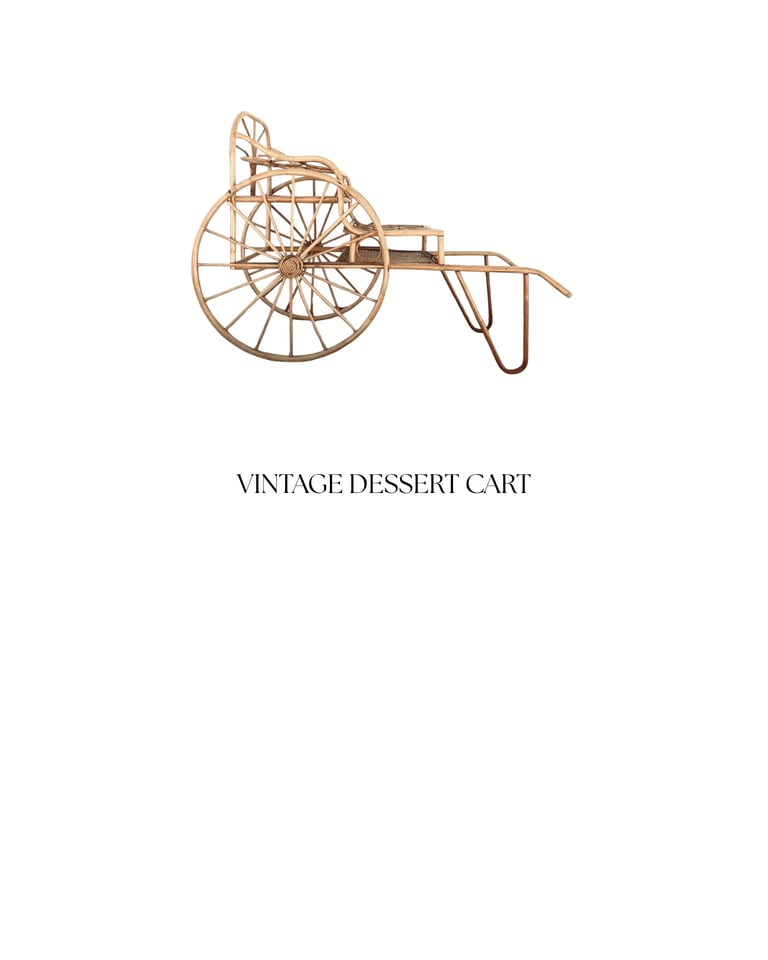 Line drawing illustration of a vintage wooden dessert cart with large wheel and handle