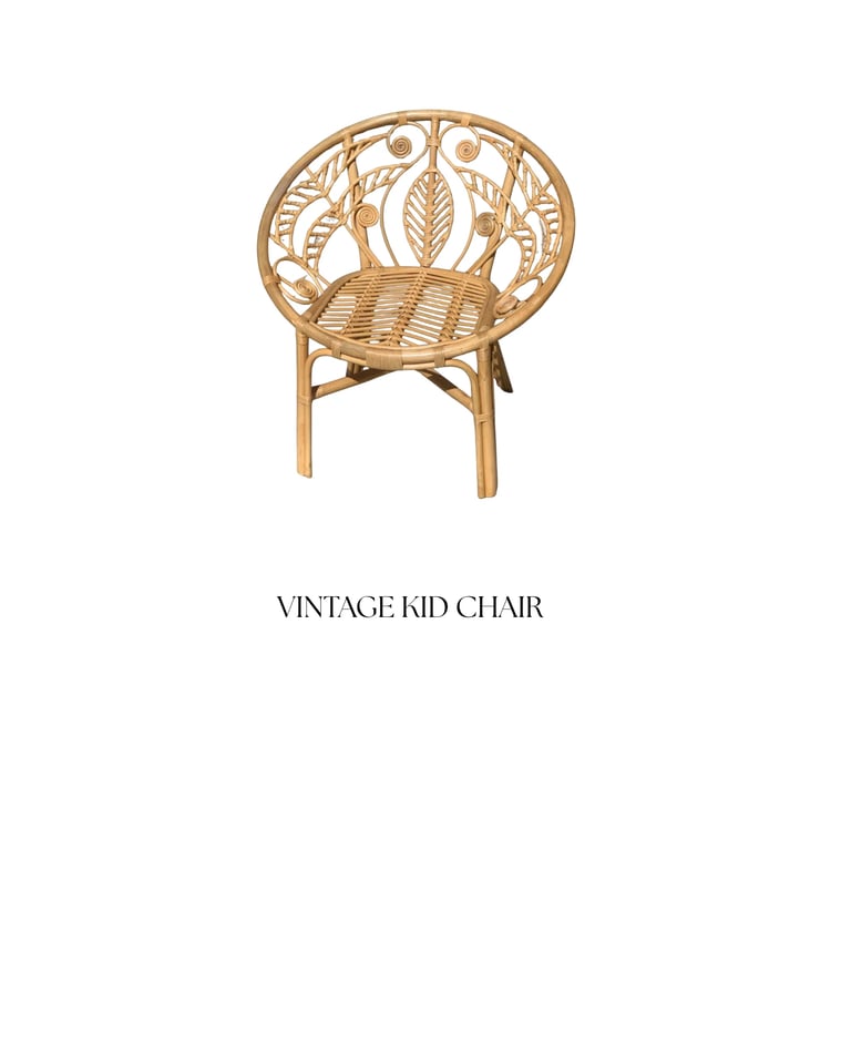 Natural rattan child-sized chair with decorative woven back panel and four wooden legs