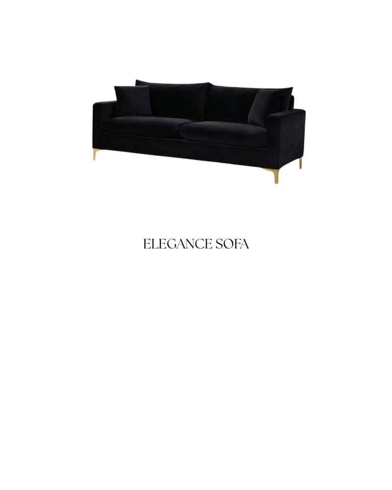 Black velvet sofa with gold legs and decorative pillows labeled Elegance Sofa