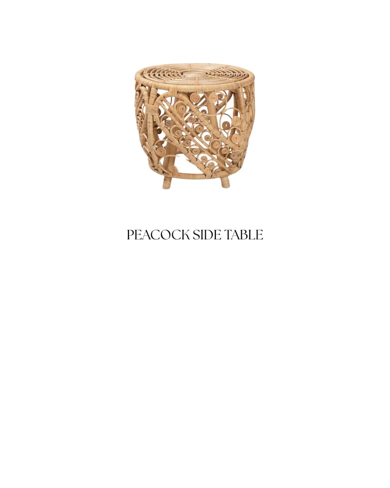 Woven rattan drum-shaped side table with decorative cutout patterns and four wooden legs on white background labeled Peacock Side Table