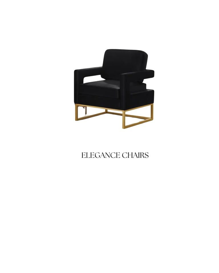 Black upholstered modern armchair with gold geometric base frame and the text Elegance Chairs below