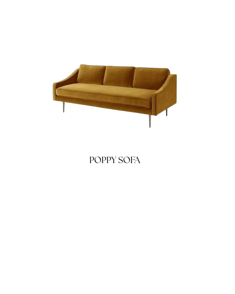Golden yellow three-seat sofa with curved arms and metal legs labeled Poppy Sofa