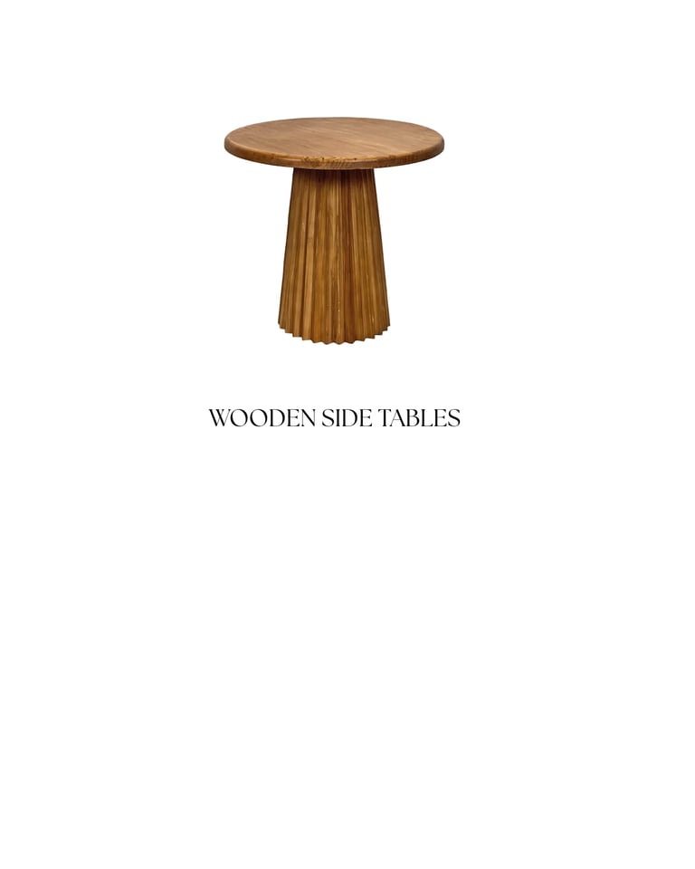Round wooden side table with fluted pedestal base on white background