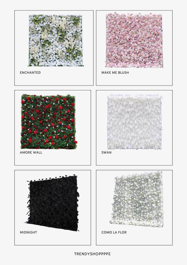Six floral backdrop panels in different colors labeled Enchanted, Make Me Blush, Amore Wall, Swan, Midnight, and Como La Flor from TrendyShoppppe