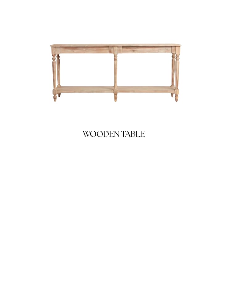 A light wood console table with turned legs and a lower shelf against a white background, labeled Wooden Table