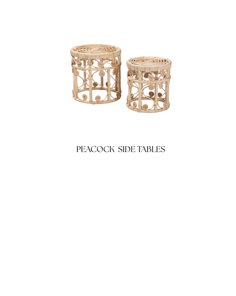Two woven rattan cylindrical side tables with decorative lattice patterns and open geometric designs in natural tan color