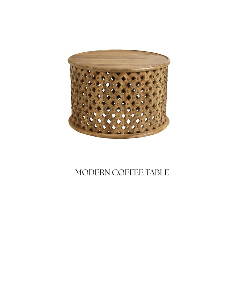 Modern wooden coffee table with woven lattice pattern design and solid round top