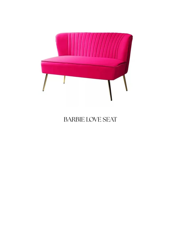 Bright pink mid-century modern loveseat with pleated backrest and thin metal legs on white background, labeled Barbie Love Seat