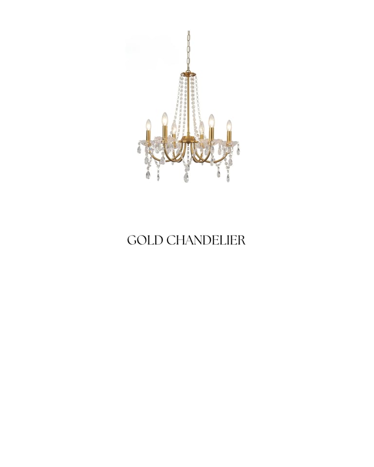 Gold chandelier with crystal beads and six candle-style arms hanging from a chain