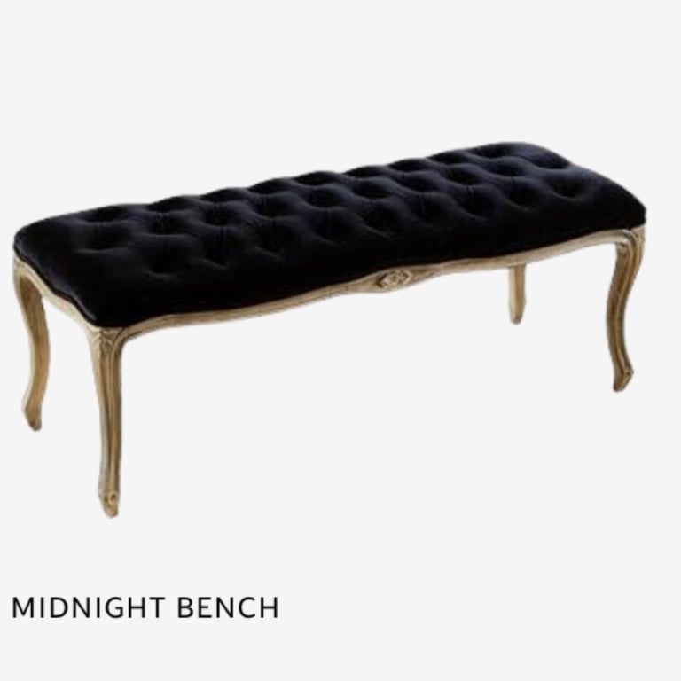 Midnight Bench with black tufted seat and weathered wood frame against white background