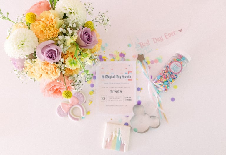 Flat lay of pastel flowers, stationery, and party decorations arranged on a pink background