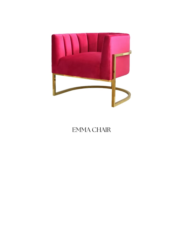 Emma Chair: Modern pink velvet armchair with channel-tufted back and curved brass metal base