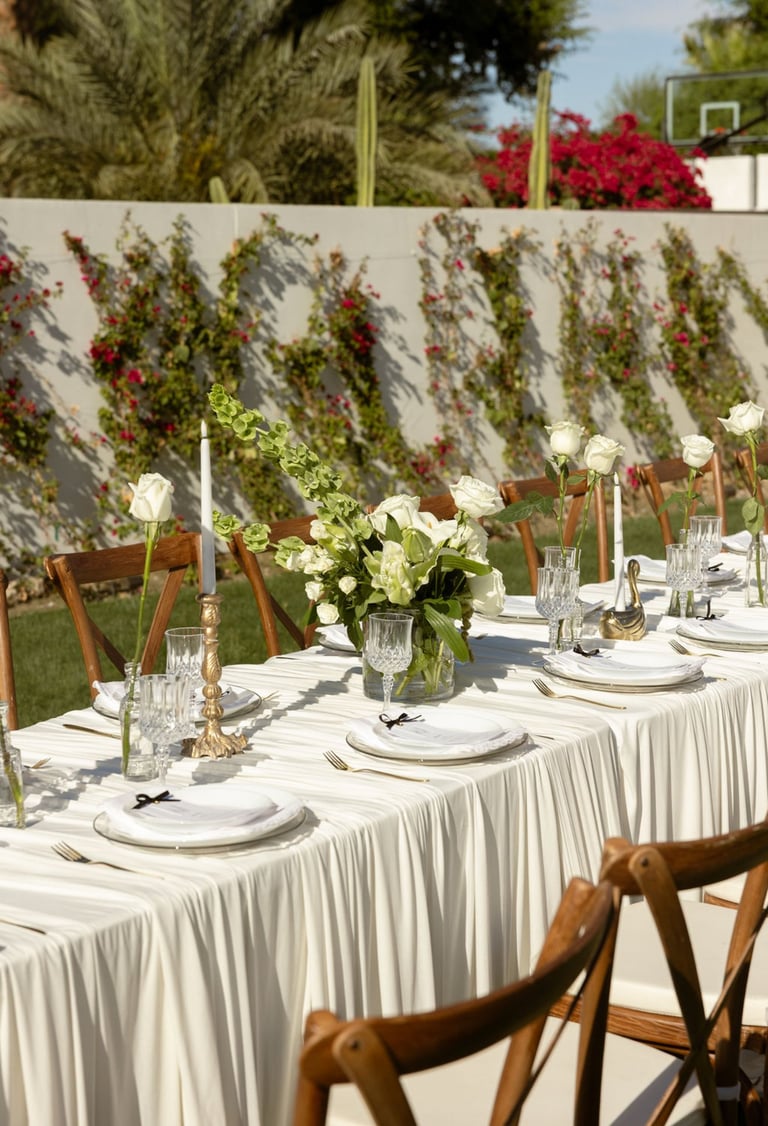 Elegant outdoor dining table with white linens, place settings, white flower centerpieces, wooden chairs, and a desert garden backdrop with a basketball hoop visible