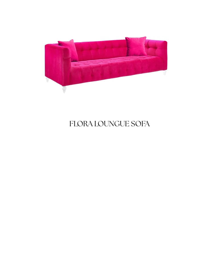 Bright pink Flora lounge sofa with cushions and metal legs on white background