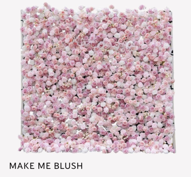 Dense arrangement of pink and white roses covering a square backdrop with text reading Make Me Blush below