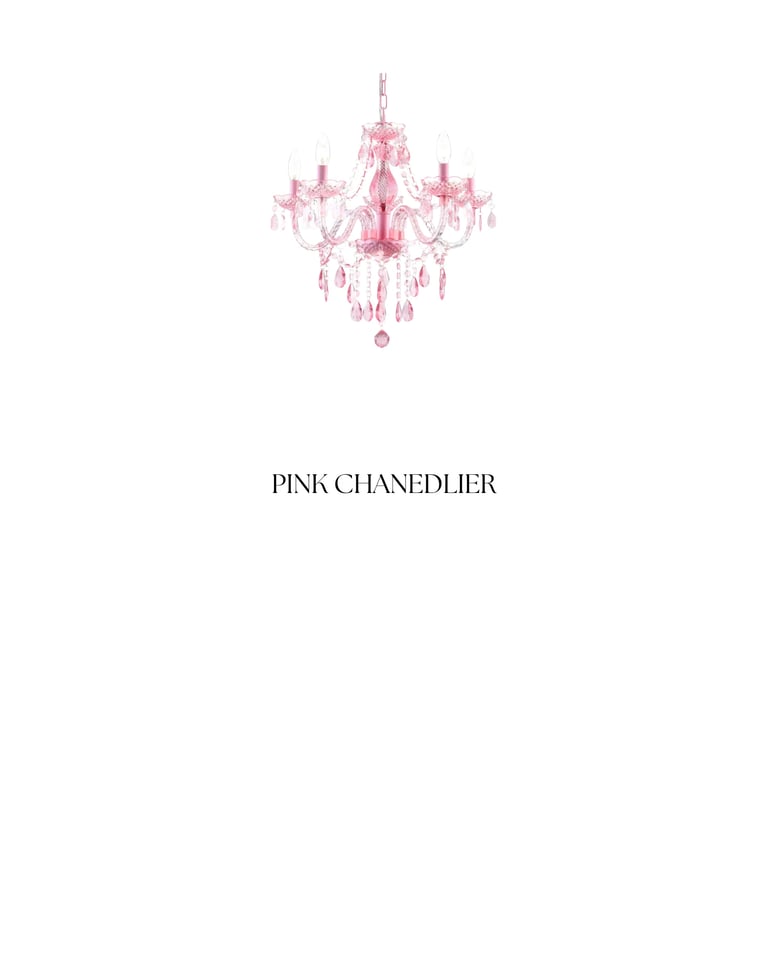 Pink ornate chandelier with crystals and candles hanging from decorative arms on white background