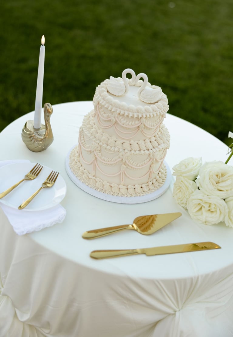 Elegant white three-tier wedding cake with ornate piping on a draped table, surrounded by gold serving utensils and white flowers